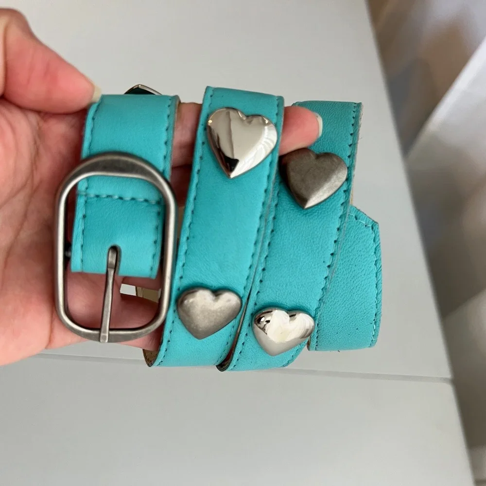 Vintage‎ Y2K Aqua Blue Faux Leather Heart Studded Belt Silver Buckle Turquoise